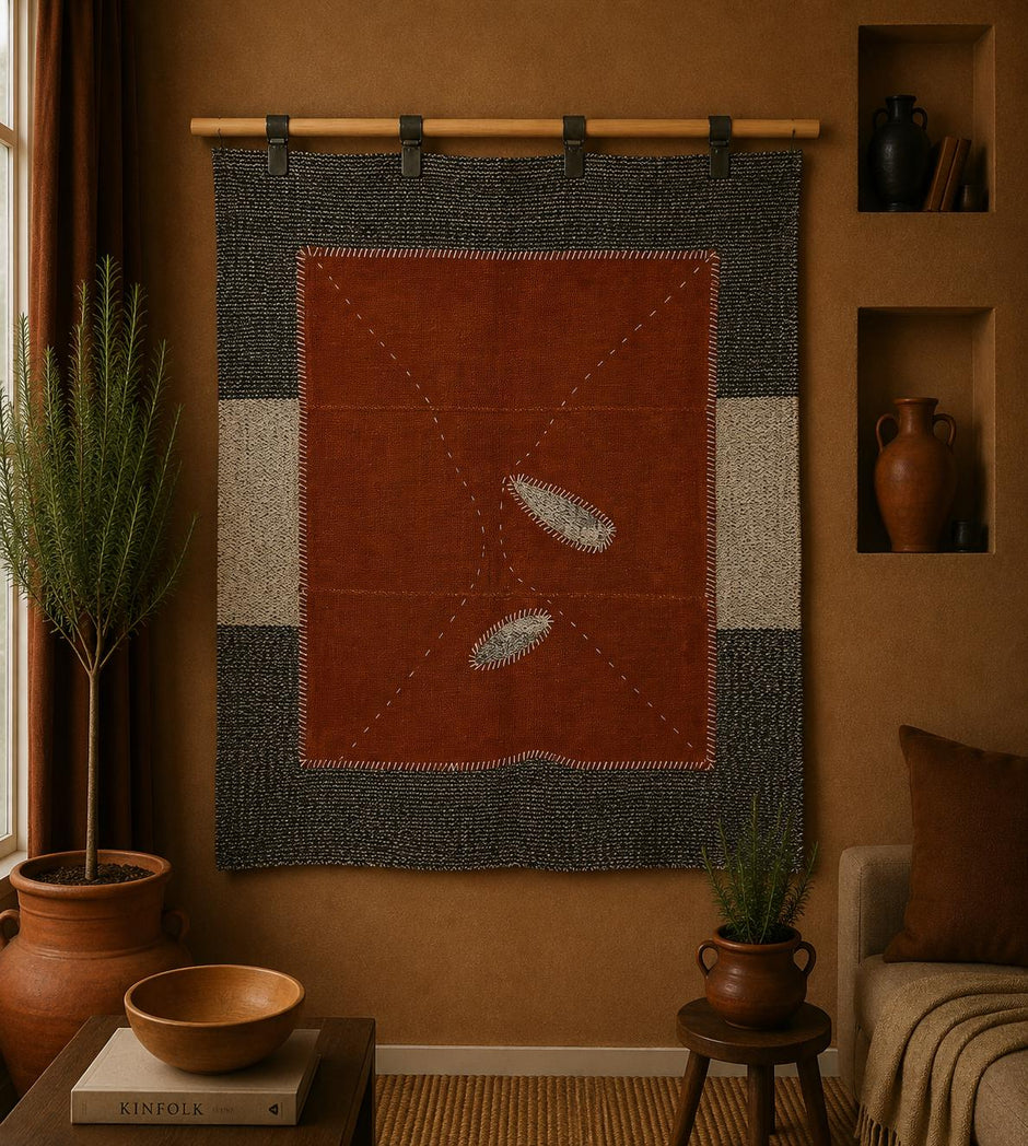 3x4 Wool Tapestry Rug, Rust Brown Minimalist Textile Wall Hanging, Abstract Fiber Art Decor