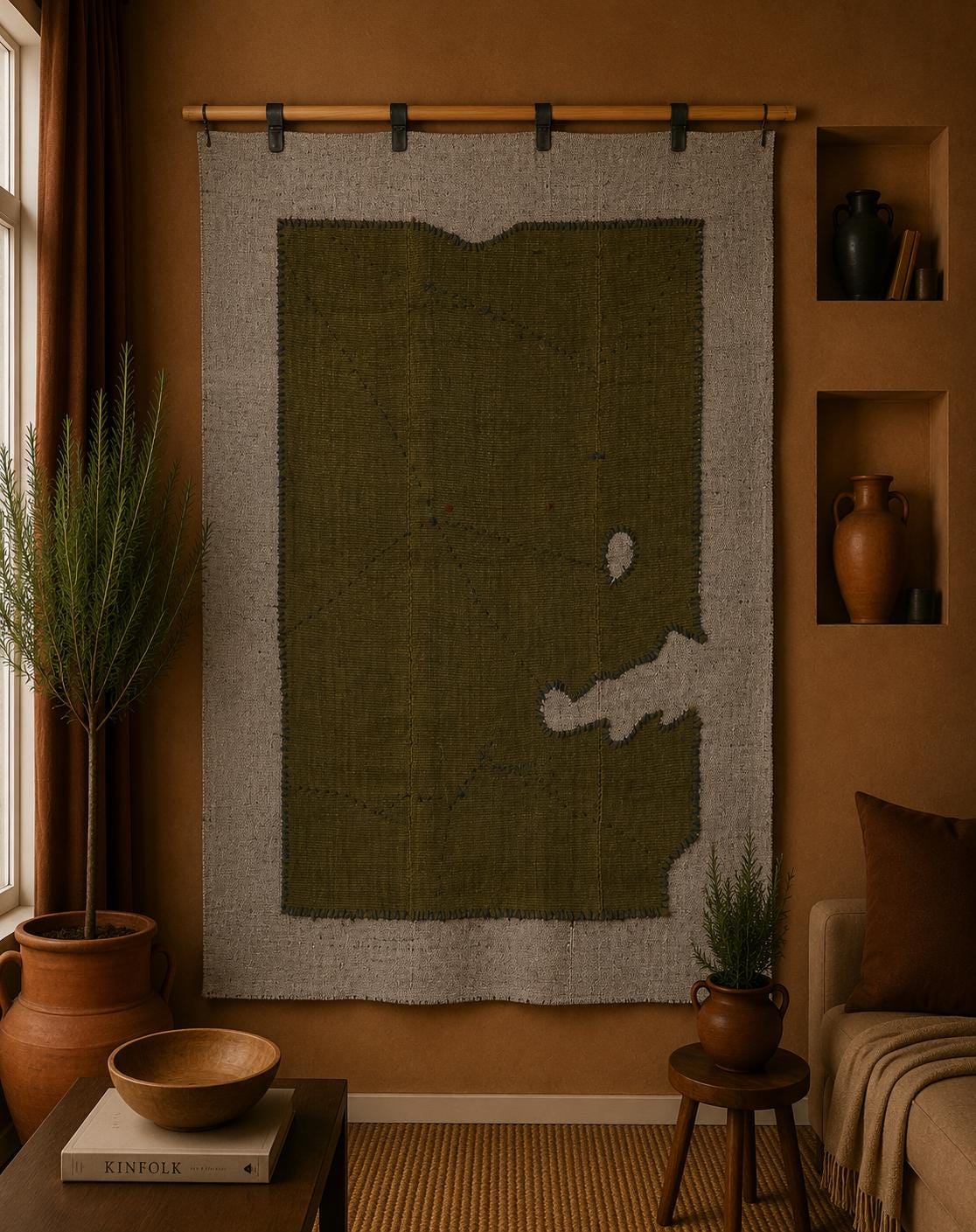 4x5 Wool Hemp Tapestry Rug, Olive Green Minimalist Textile Wall Hanging, Abstract Fiber Art Decor