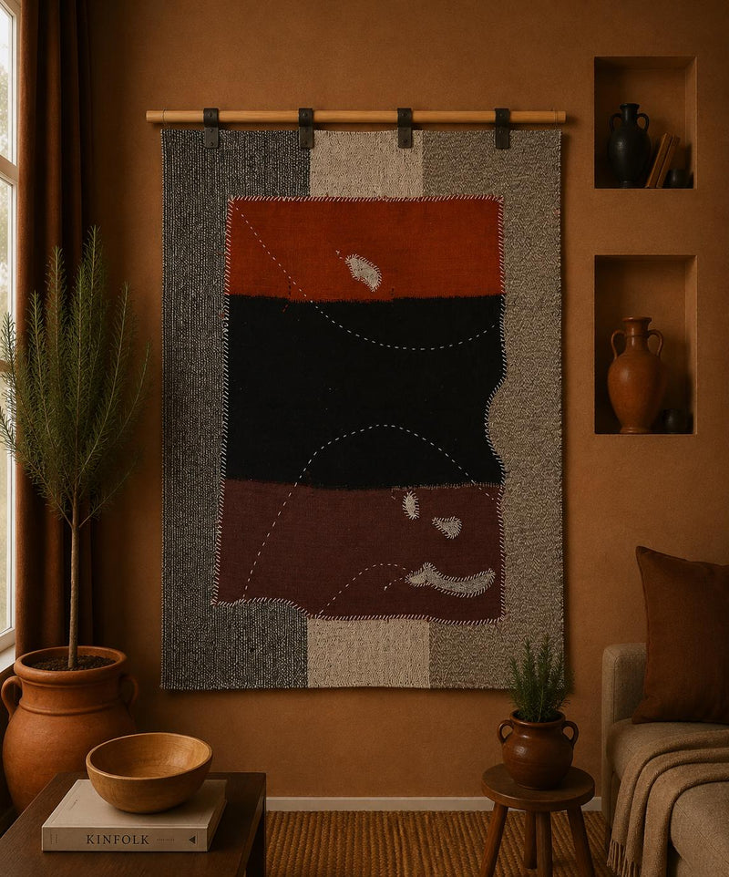 Vintage Turkish Tapestry Rug, Black Rust Color Block Wall Hanging (3'6" x 4'3") - photo 1 of 10