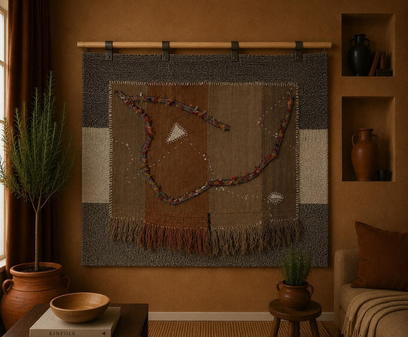 Vintage Turkish Tapestry Rug, Brown Tan Abstract Wall Hanging (3'6" x 4'3") - photo 1 of 9