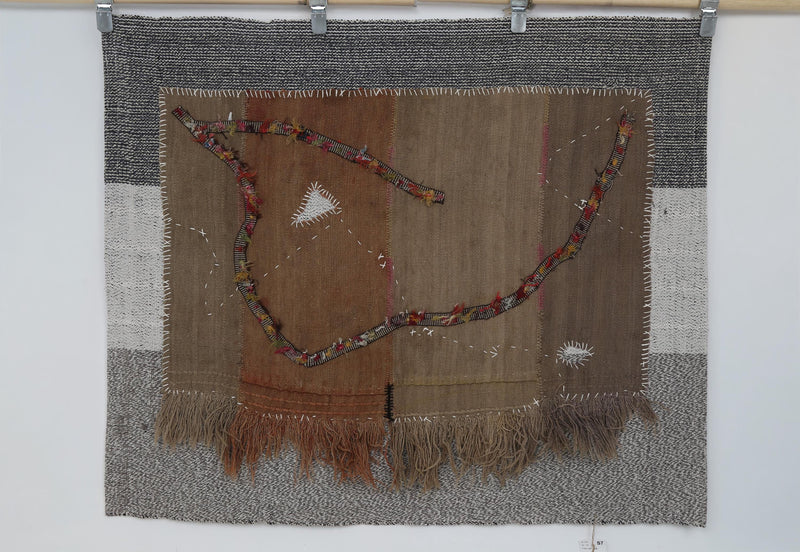 Vintage Turkish Tapestry Rug, Brown Tan Abstract Wall Hanging (3'6" x 4'3")