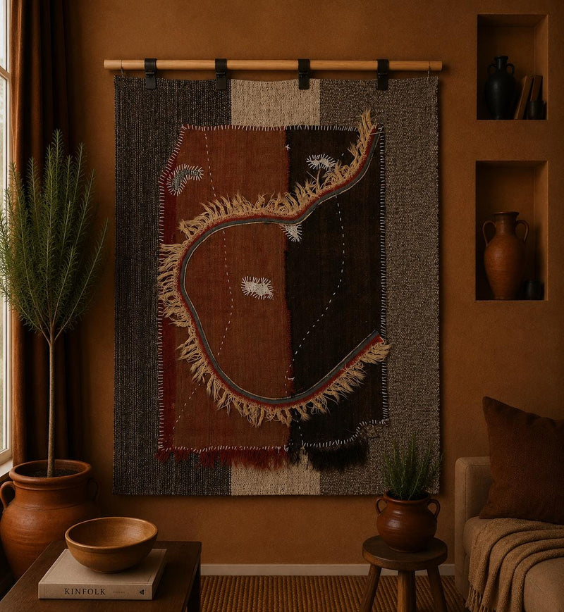 Vintage Turkish Tapestry Rug, Brown Black Abstract Wall Hanging (3'11" x 4'3") - photo 1 of 9