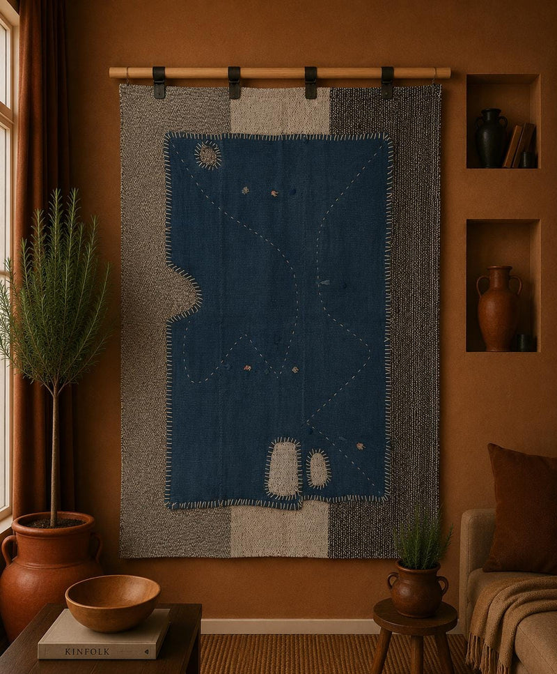 Vintage Turkish Tapestry Rug, Blue Solid Wall Hanging (3'6" x 4'3") - photo 1 of 9