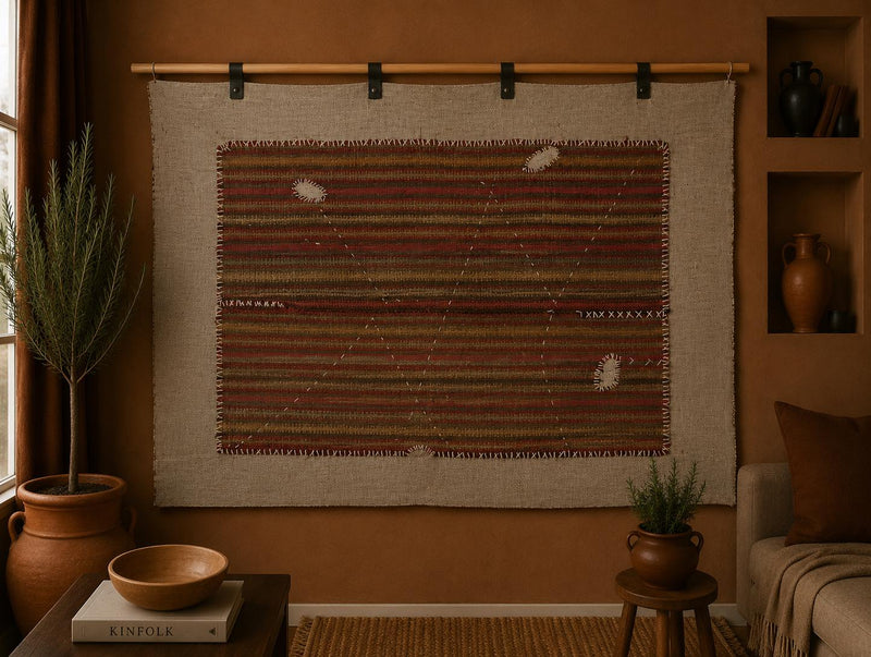 Vintage Turkish Tapestry Rug, Red Brown Striped Wall Hanging (3'4" x 4'5") - photo 1 of 10