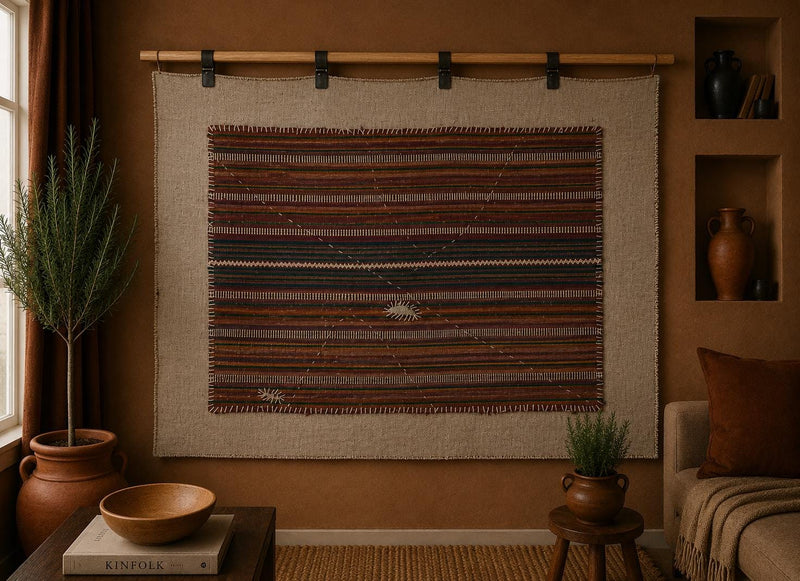 Vintage Turkish Tapestry Rug, Brown Striped Wall Hanging (3'5" x 4'5") - photo 1 of 9