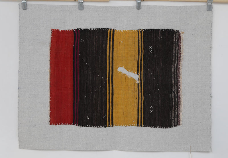 Vintage Turkish Tapestry Rug, Red Yellow Color Block Wall Hanging (3'4" x 4'6")