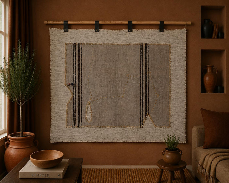 Vintage Turkish Tapestry Rug, Black Pinstripe Wall Hanging (3'6" x 4'5") - photo 1 of 10