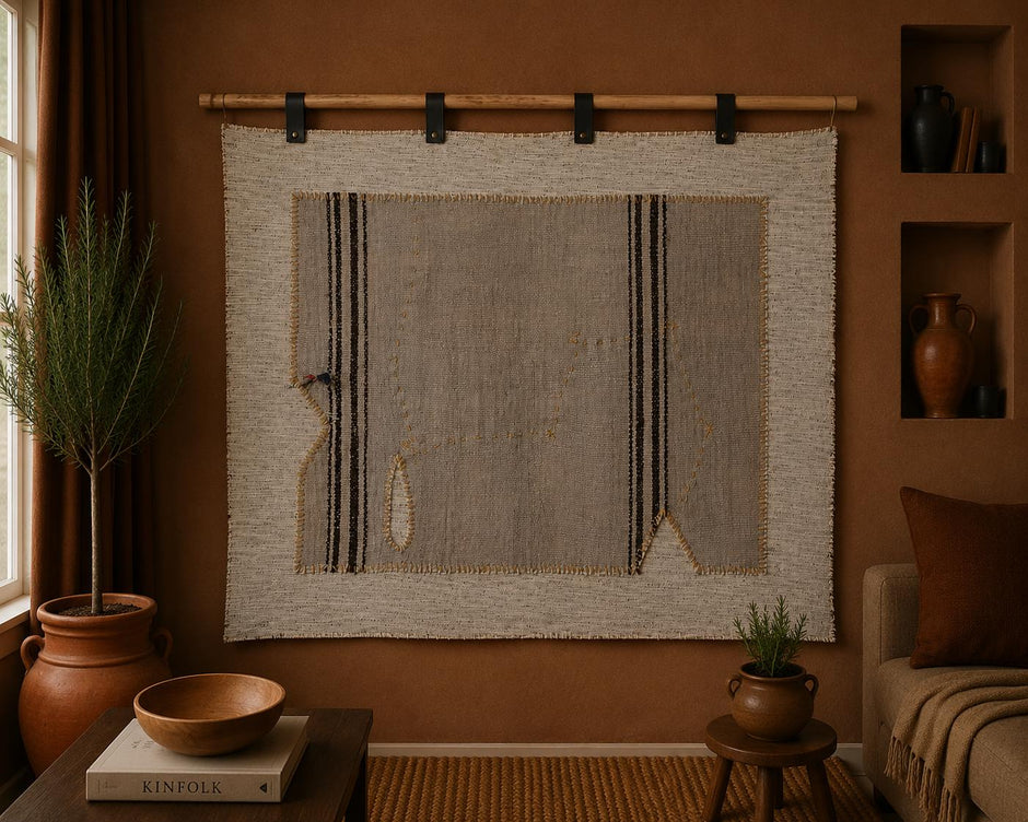 3x4 Vintage Tapestry Rug, Natural Hemp Wool Turkish Textile, Minimal Black Stripe Wall Art