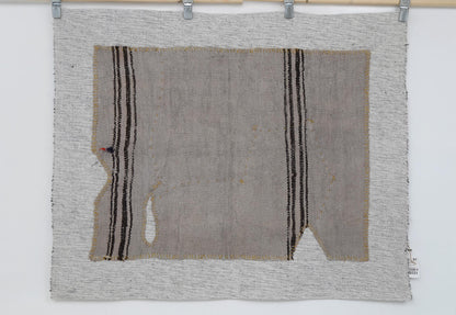 3x4 Vintage Tapestry Rug, Natural Hemp Wool Turkish Textile, Minimal Black Stripe Wall Art
