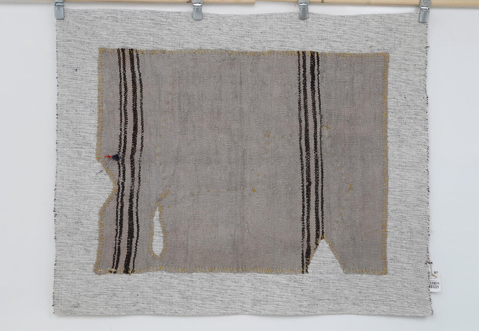 3x4 Vintage Tapestry Rug, Natural Hemp Wool Turkish Textile, Minimal Black Stripe Wall Art