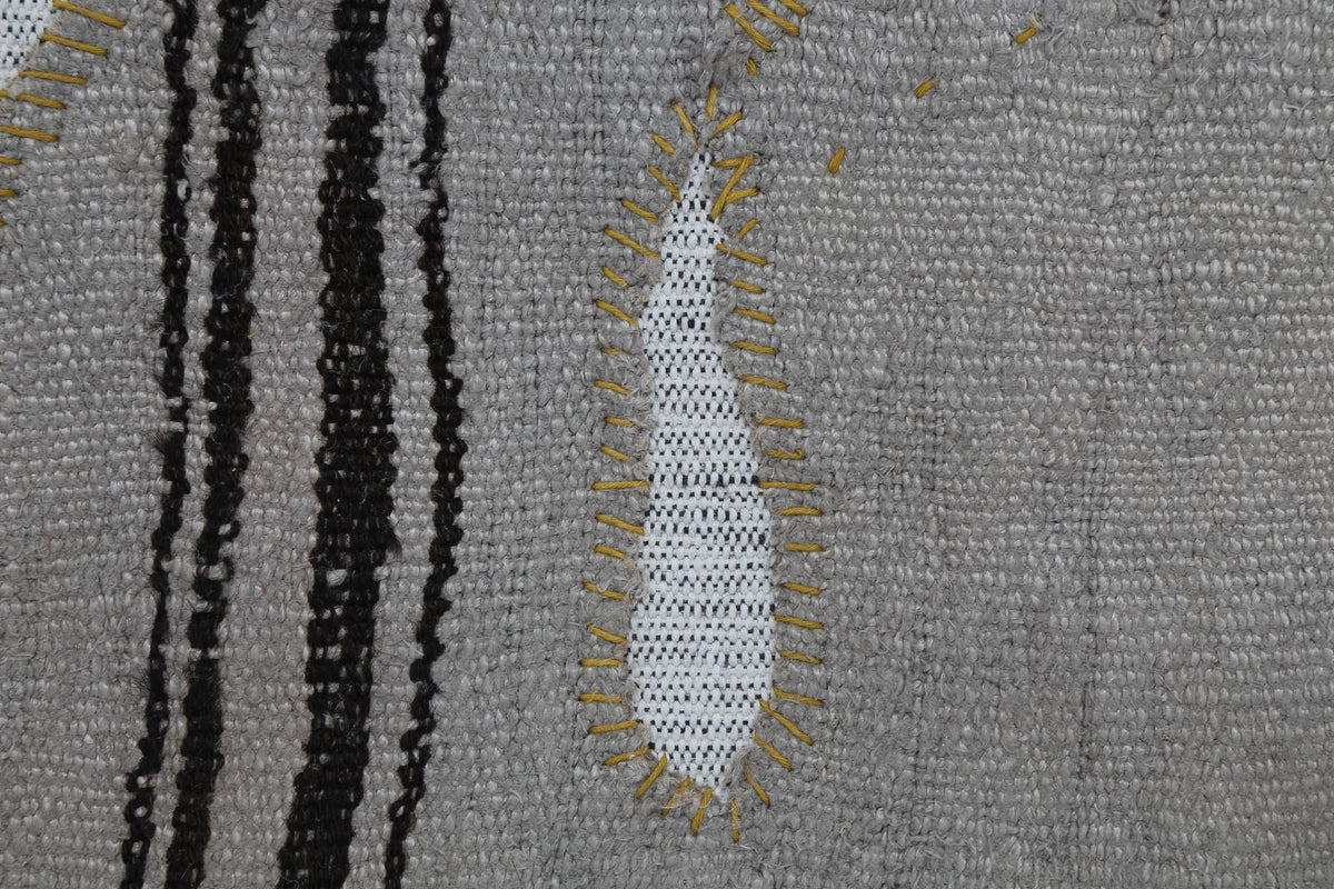3x4 Vintage Tapestry Rug, Natural Hemp Wool Turkish Textile, Minimal Black Stripe Wall Art