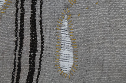 3x4 Vintage Tapestry Rug, Natural Hemp Wool Turkish Textile, Minimal Black Stripe Wall Art