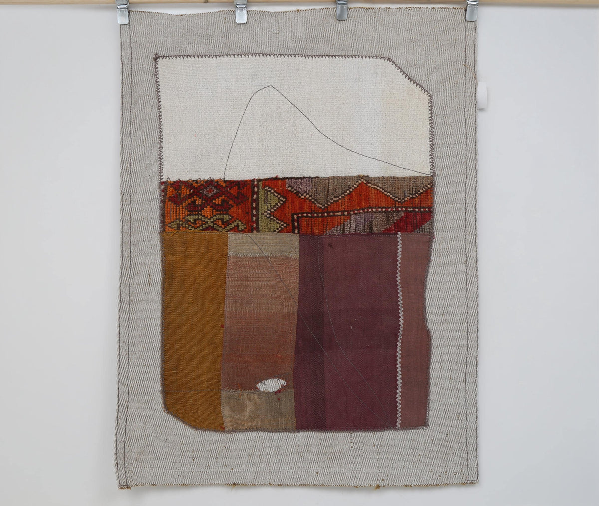 3x4 Vintage Tapestry Rug, Hemp Wool Patchwork Textile, Earth Tone Turkish Woven Wall Art
