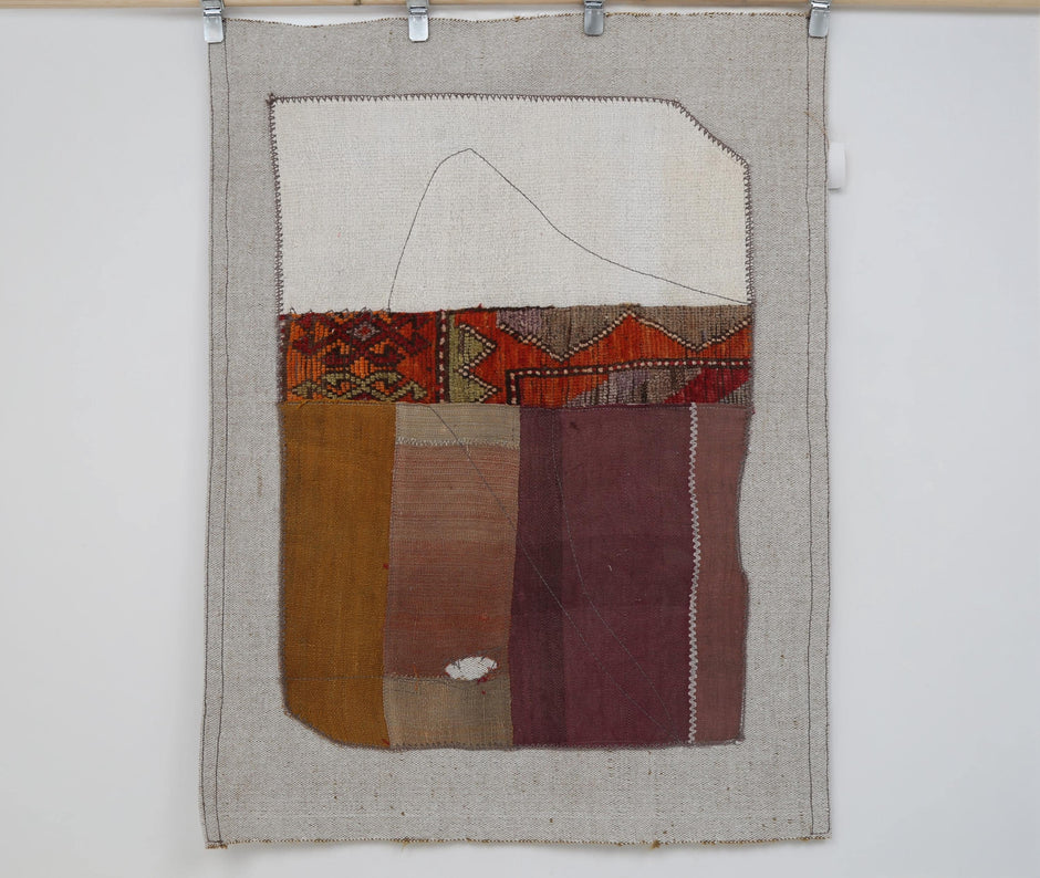 3x4 Vintage Tapestry Rug, Hemp Wool Patchwork Textile, Earth Tone Turkish Woven Wall Art