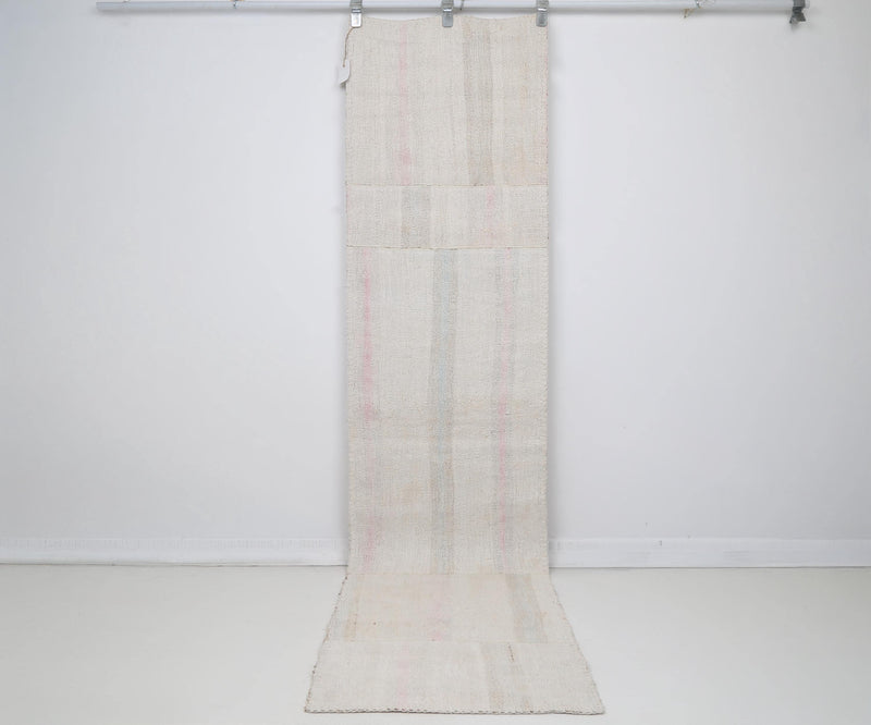 2x9 Vintage Turkish Hemp Patchwork Runner Rug, Neutral Cream Hallway Rug, Minimalist Long Entryway Rug