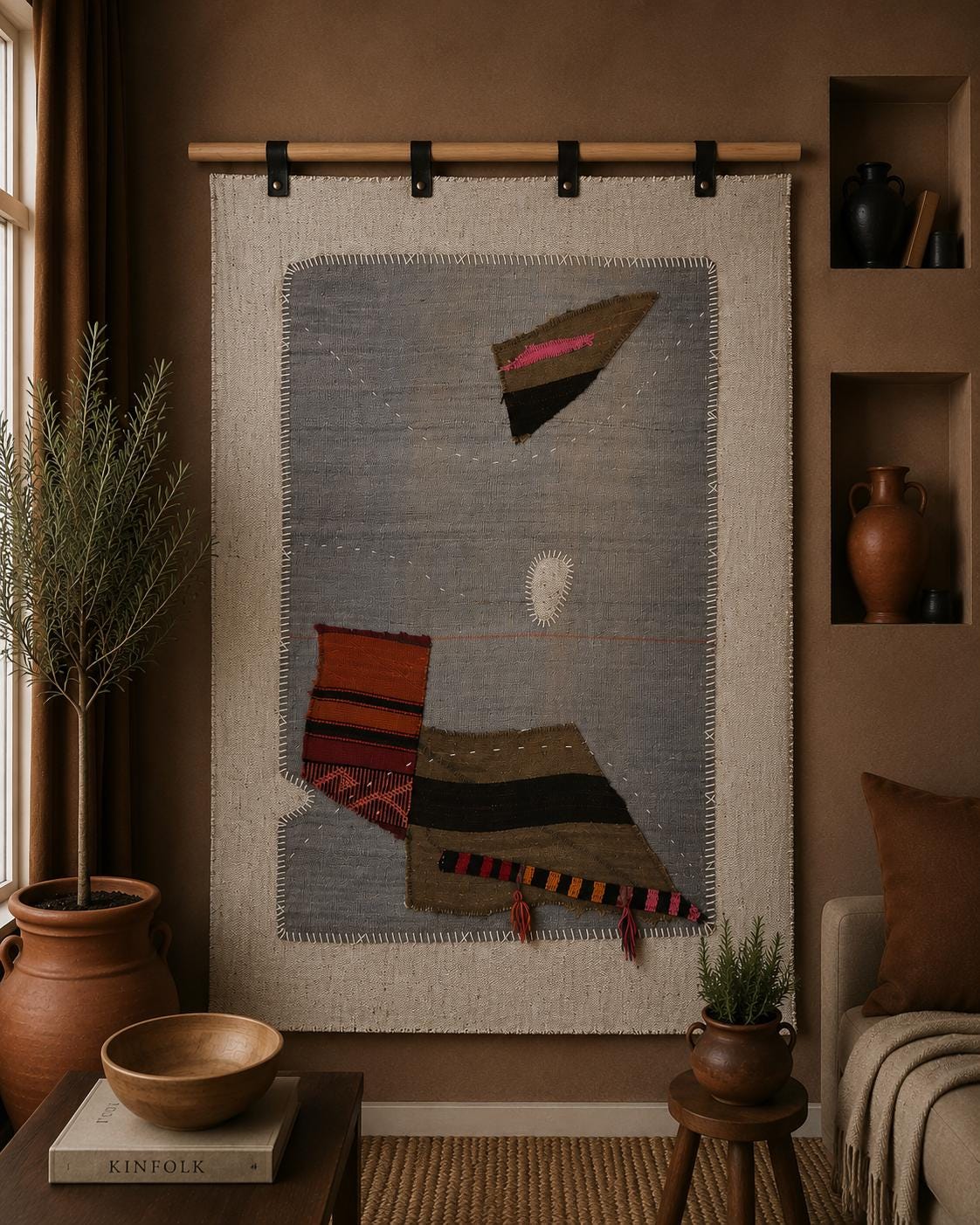 3x4 Vintage Turkish Tapestry Rug, Gray Abstract Hemp Wool Textile, Minimalist Woven Wall Art
