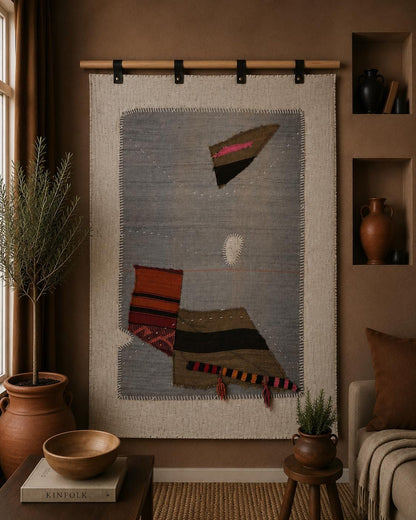 3x4 Vintage Turkish Tapestry Rug, Gray Abstract Hemp Wool Textile, Minimalist Woven Wall Art