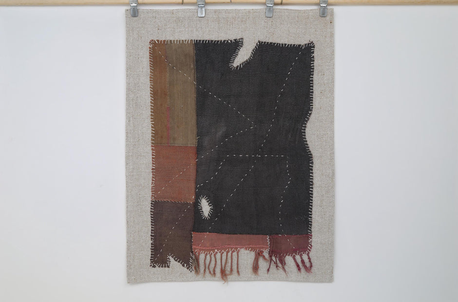 3x4 Vintage Turkish Tapestry Rug, Black Brown Hemp Wool Patchwork, Woven Textile Wall Art