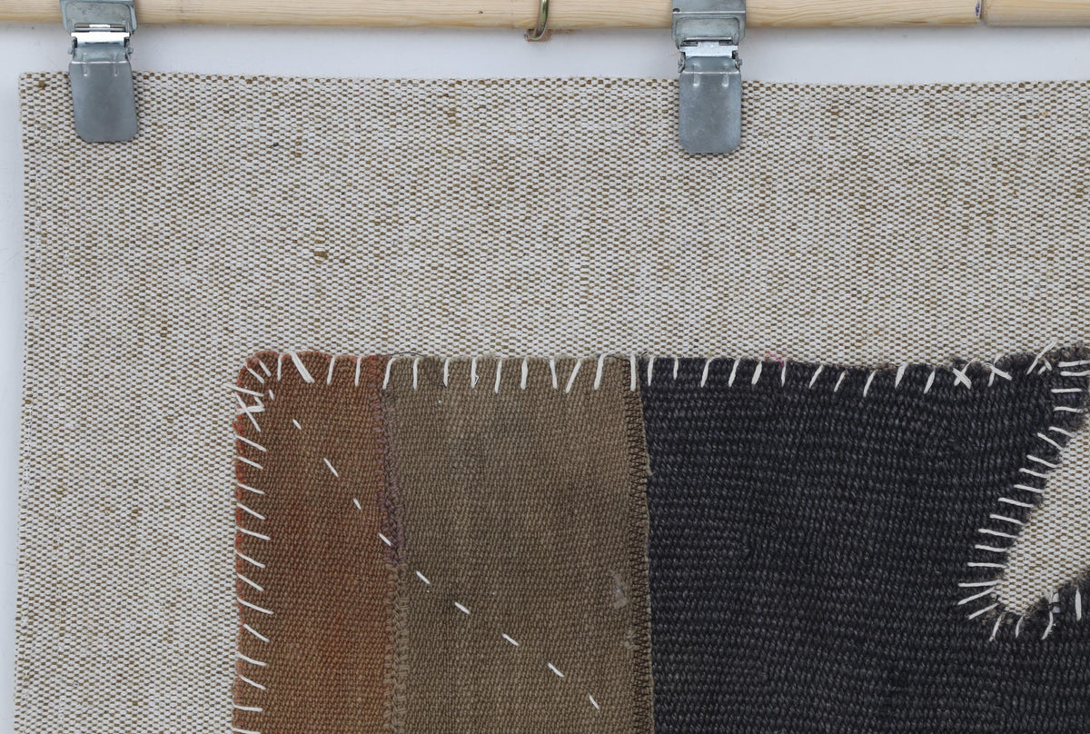 3x4 Vintage Turkish Tapestry Rug, Black Brown Hemp Wool Patchwork, Woven Textile Wall Art