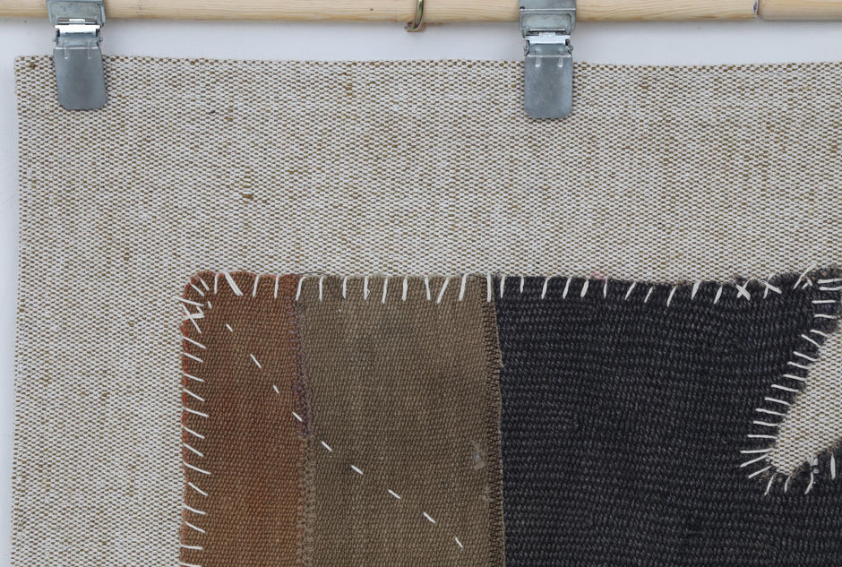 3x4 Vintage Turkish Tapestry Rug, Black Brown Hemp Wool Patchwork, Woven Textile Wall Art