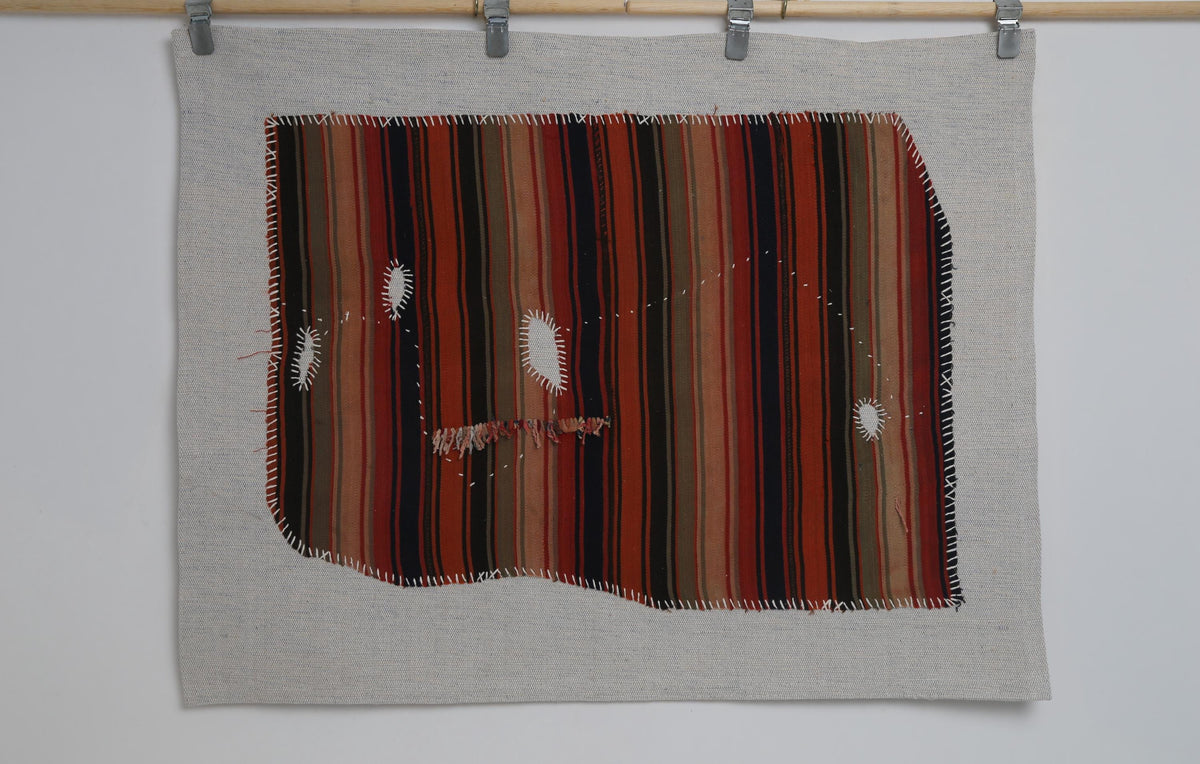 3x4 Vintage Turkish Tapestry Rug, Red Black Striped Wool Kilim, Woven Textile Wall Art