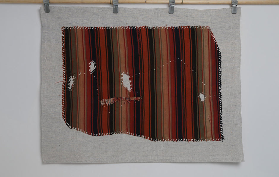 3x4 Vintage Turkish Tapestry Rug, Red Black Striped Wool Kilim, Woven Textile Wall Art