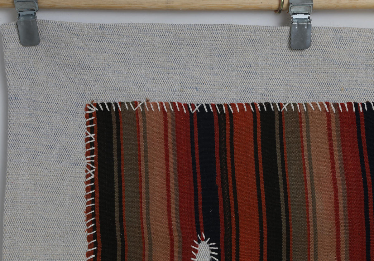 3x4 Vintage Turkish Tapestry Rug, Red Black Striped Wool Kilim, Woven Textile Wall Art