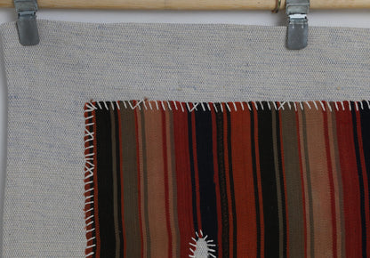 3x4 Vintage Turkish Tapestry Rug, Red Black Striped Wool Kilim, Woven Textile Wall Art