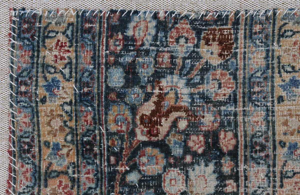 3x4 Vintage Turkish Tapestry Rug, Blue Beige Floral Wool Textile, Distressed Woven Wall Art
