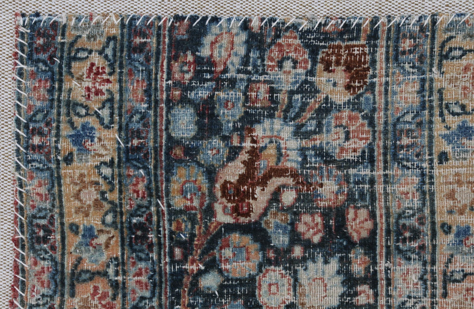 3x4 Vintage Turkish Tapestry Rug, Blue Beige Floral Wool Textile, Distressed Woven Wall Art
