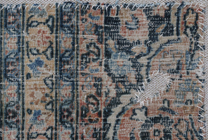 3x4 Vintage Turkish Tapestry Rug, Blue Beige Floral Wool Textile, Distressed Woven Wall Art