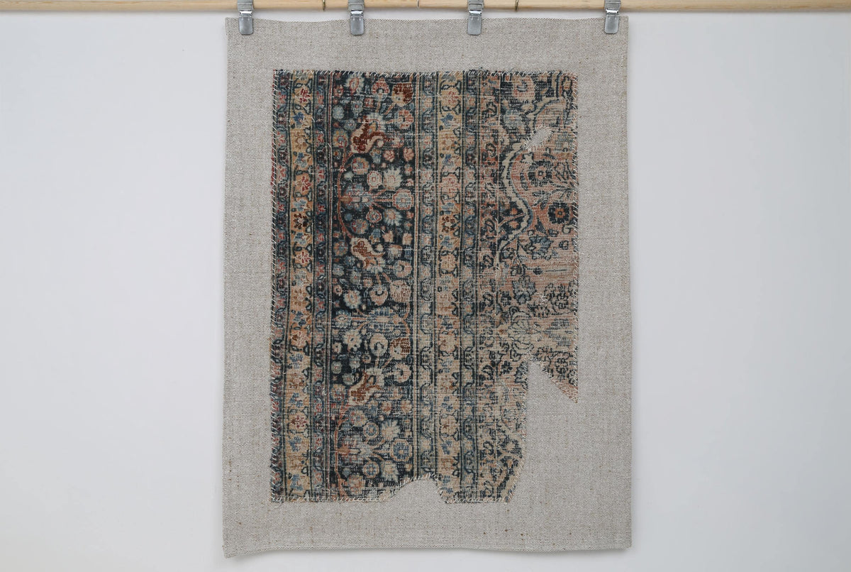 3x4 Vintage Turkish Tapestry Rug, Blue Beige Floral Wool Textile, Distressed Woven Wall Art