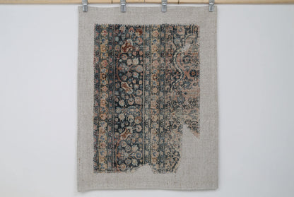 3x4 Vintage Turkish Tapestry Rug, Blue Beige Floral Wool Textile, Distressed Woven Wall Art