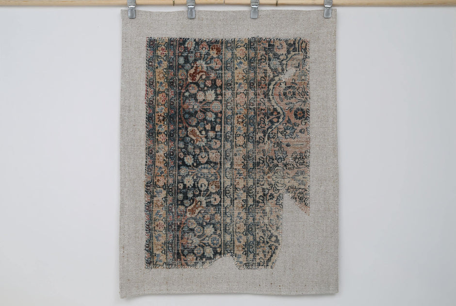 3x4 Vintage Turkish Tapestry Rug, Blue Beige Floral Wool Textile, Distressed Woven Wall Art