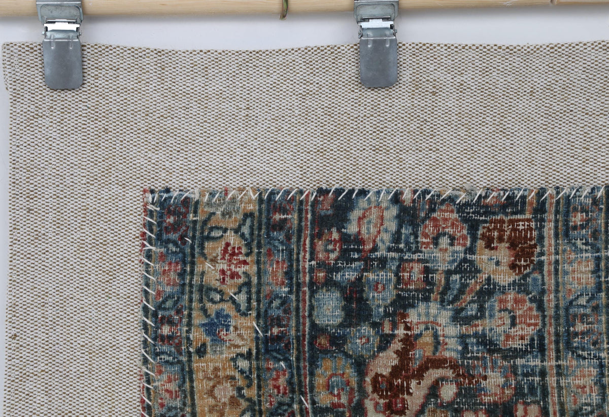 3x4 Vintage Turkish Tapestry Rug, Blue Beige Floral Wool Textile, Distressed Woven Wall Art