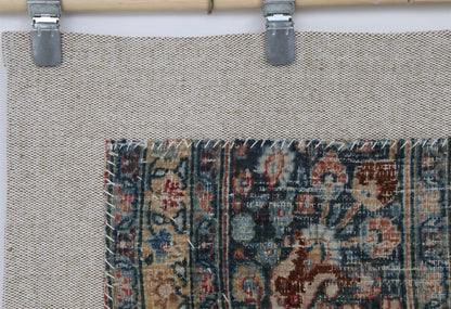 3x4 Vintage Turkish Tapestry Rug, Blue Beige Floral Wool Textile, Distressed Woven Wall Art