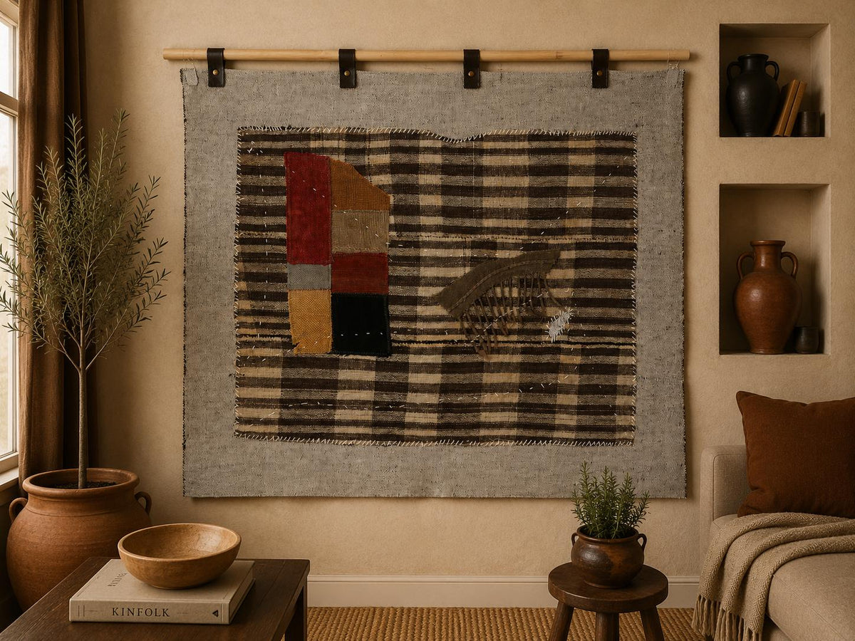 3x5 Vintage Turkish Tapestry Rug, Checkered Patchwork Textile Wall Art, Wool Woven Wall Hanging