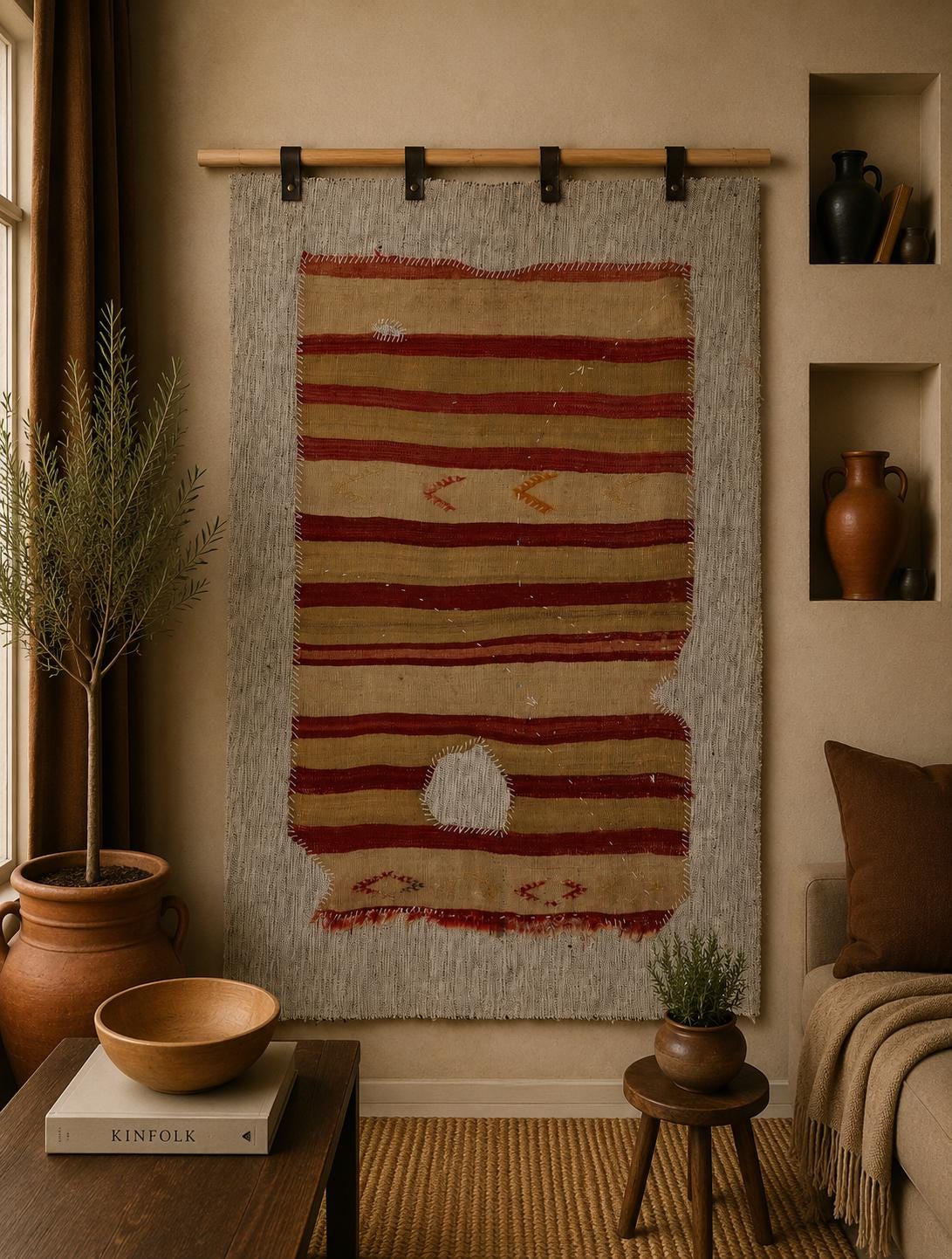 3x4 Vintage Turkish Tapestry Rug, Striped Wool Textile Wall Art, Rustic Woven Wall Hanging