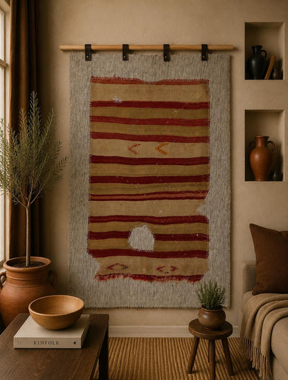 3x4 Vintage Turkish Tapestry Rug, Striped Wool Textile Wall Art, Rustic Woven Wall Hanging