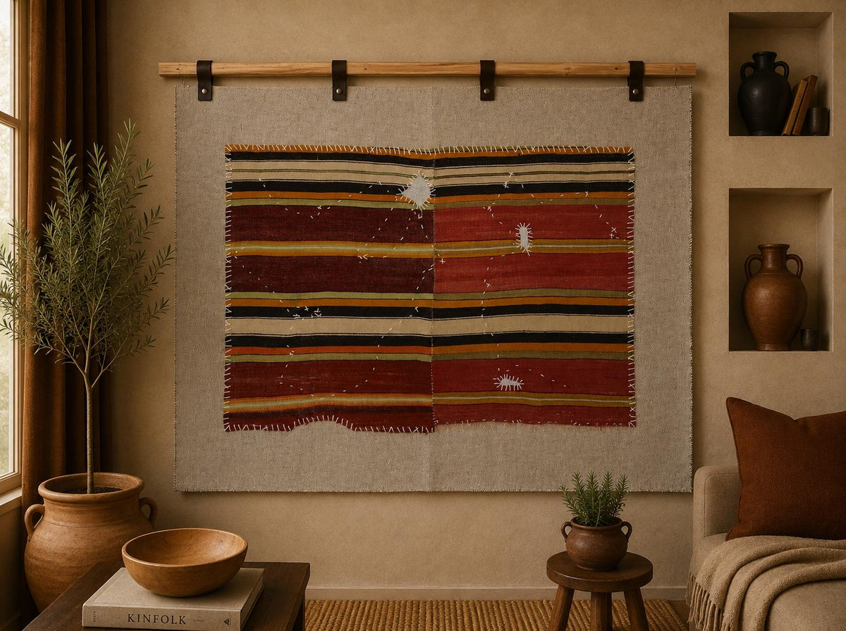 3x4 Vintage Turkish Tapestry Rug, Striped Wool Textile Wall Art, Rustic Woven Wall Hanging