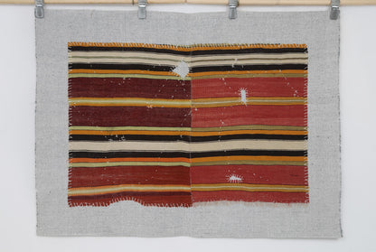 3x4 Vintage Turkish Tapestry Rug, Striped Wool Textile Wall Art, Rustic Woven Wall Hanging
