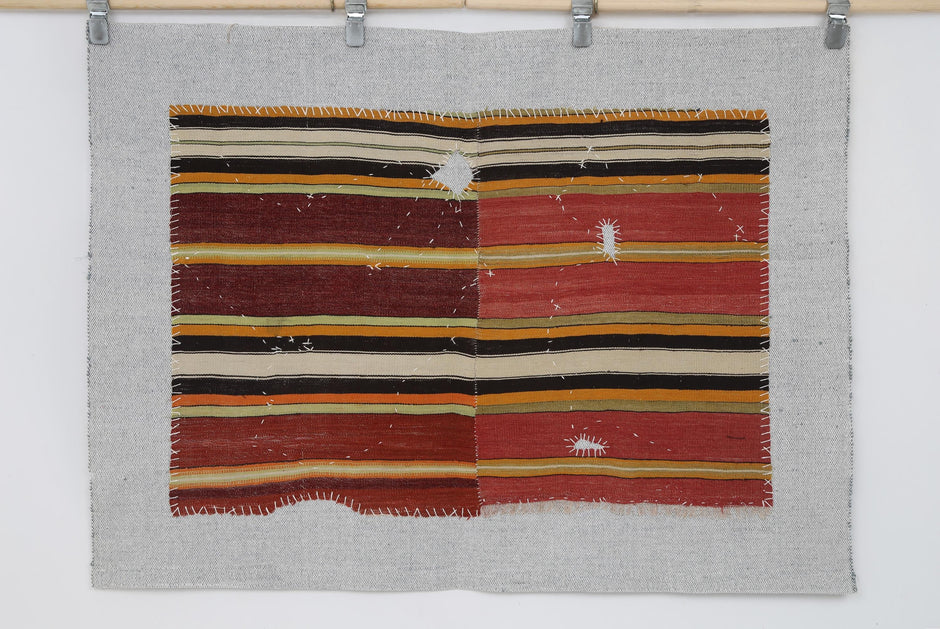 3x4 Vintage Turkish Tapestry Rug, Striped Wool Textile Wall Art, Rustic Woven Wall Hanging