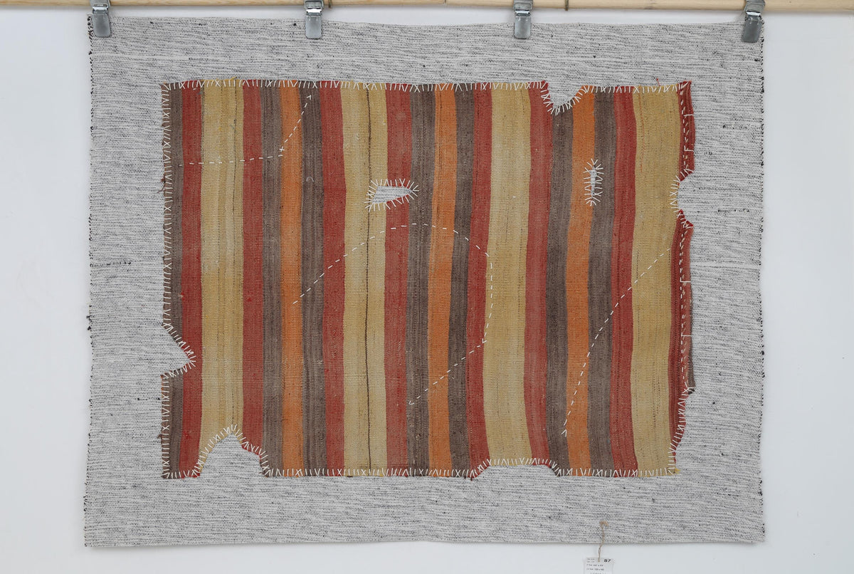 3x4 Vintage Turkish Tapestry Rug, Striped Wool Textile Wall Art, Rustic Woven Wall Hanging