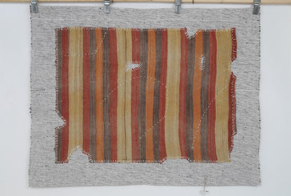 3x4 Vintage Turkish Tapestry Rug, Striped Wool Textile Wall Art, Rustic Woven Wall Hanging