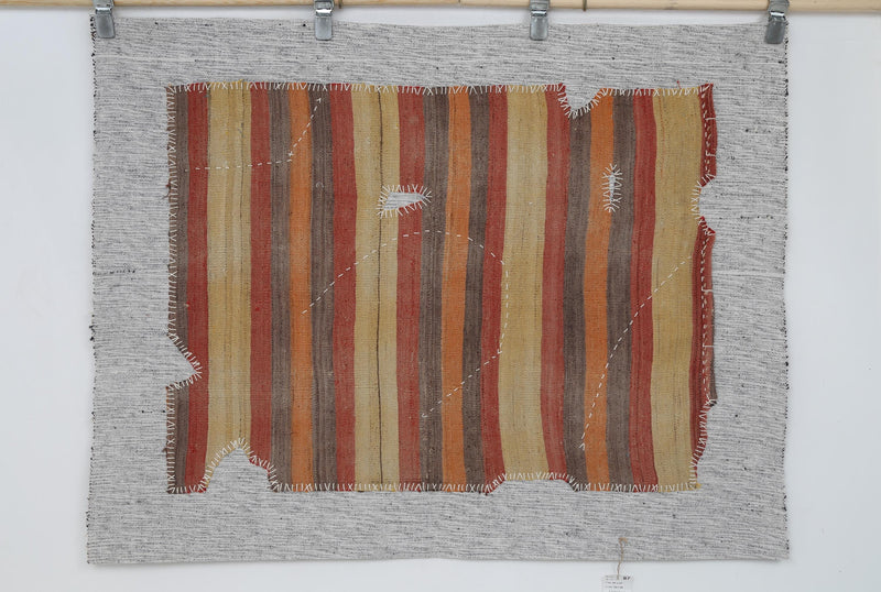 Vintage Turkish Tapestry Rug, Rust Orange Striped (3'5" x 4'4")