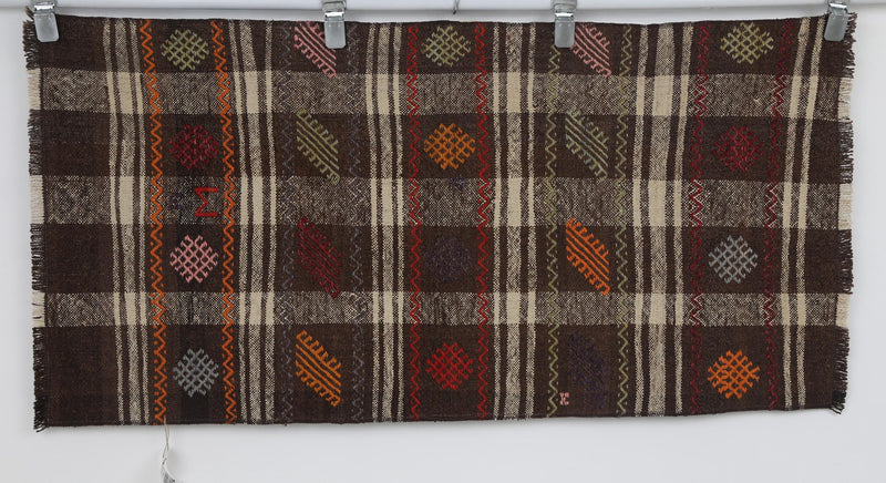 Vintage Turkish Kilim Tapestry Rug, Brown Ivory Plaid Wall Hanging (2'1" x 4'2")