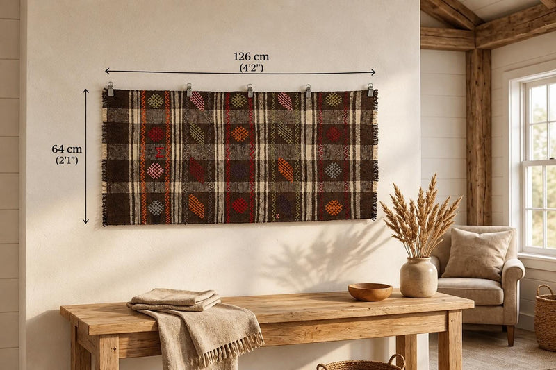 Vintage Turkish Kilim Tapestry Rug, Brown Ivory Plaid Wall Hanging (2'1" x 4'2") - photo 1 of 9