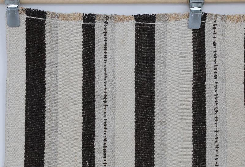 4x5 Vintage Turkish Hemp Rug, Beige Black Striped Flatweave, Minimalist Woven Kilim, Organic Modern Rug