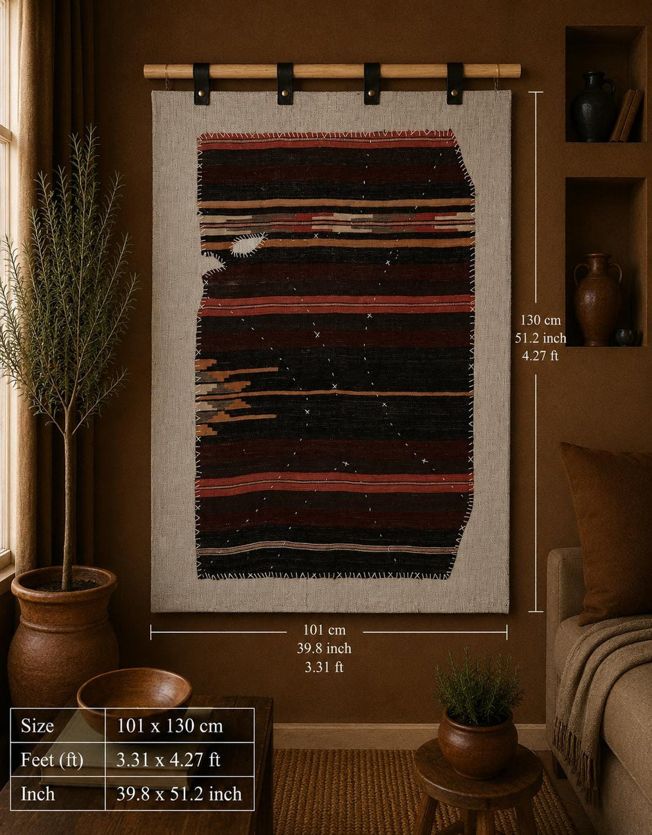 3x4 Vintage Turkish Tapestry Rug, Dark Brown Burgundy Striped Wool Cotton Textile, Woven Wall Art