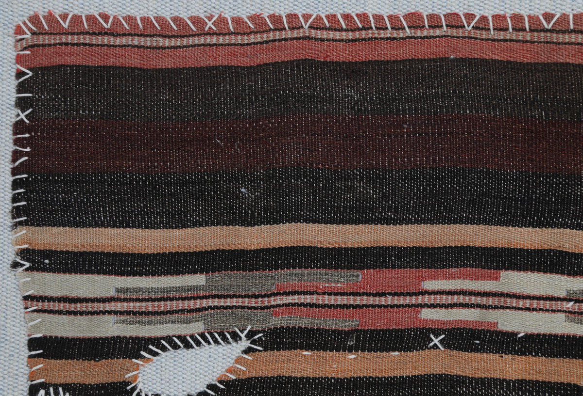 3x4 Vintage Turkish Tapestry Rug, Dark Brown Burgundy Striped Wool Cotton Textile, Woven Wall Art